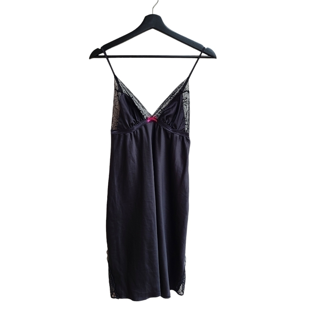 Black Lace and Satin Nightie with Pink Bow